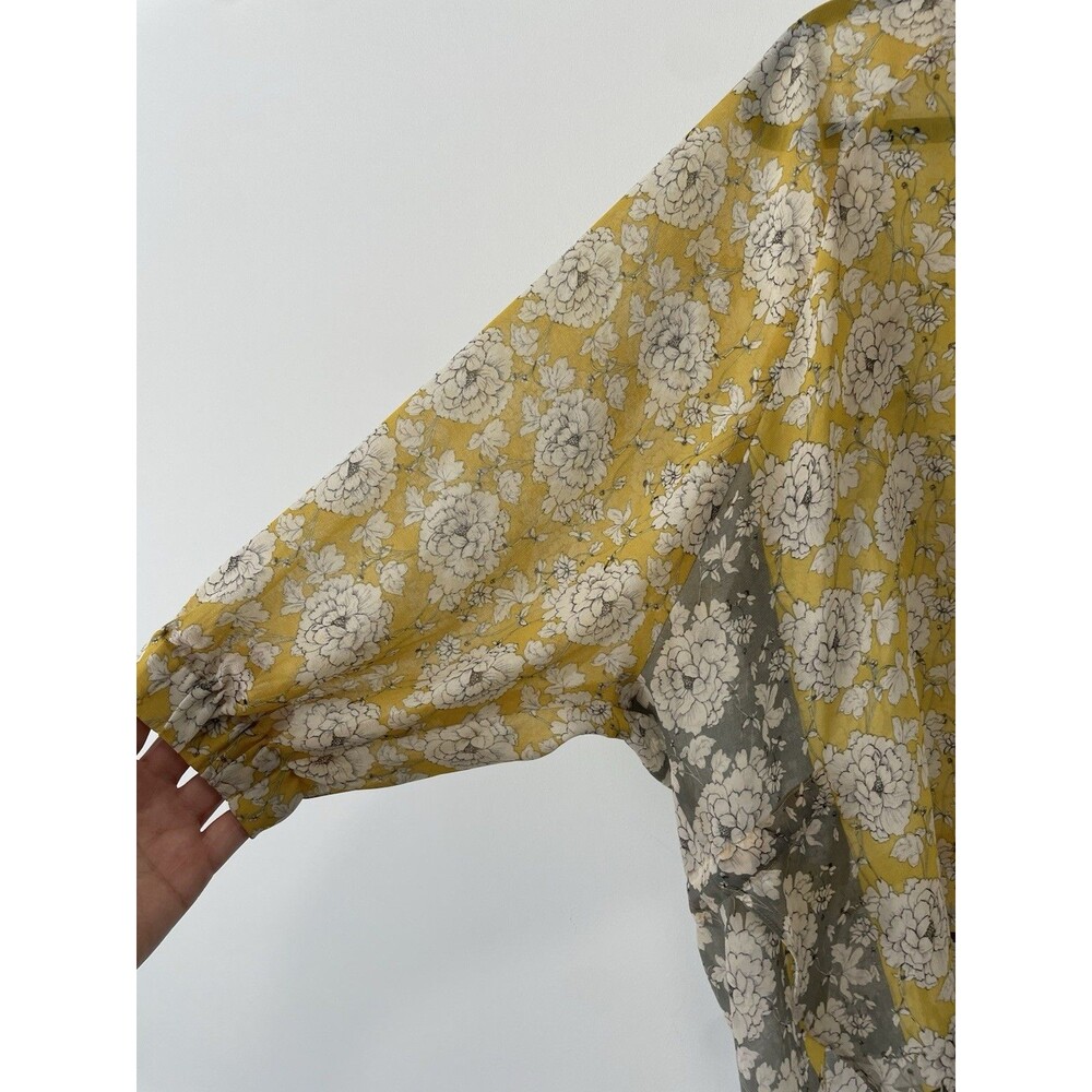 CABI Amelia Gather Top Yellow Black Floral Sheer Peasant Blouse Sz S Flowy Chic - Picture 2 of 9